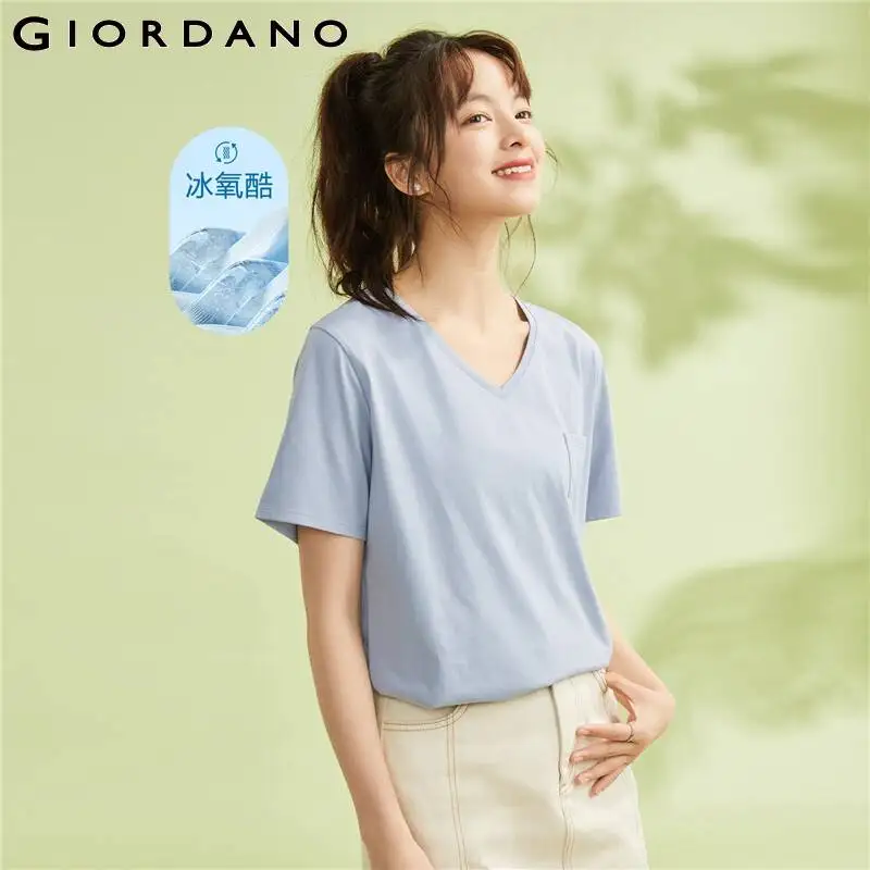 

GIORDANO Women T-Shirts High-Tech Cooling V-Neck Summer Tee Crewneck Short Sleeve Simple Basic Pocket Casual Tshirts 05323403