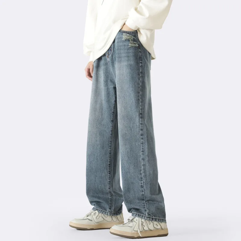 Blue Baggy Jeans Men Fashion Retro Hole Straight Jeans Men Japanese Streetwear Hip-hop Loose Ripped Denim Pants Mens Trousers