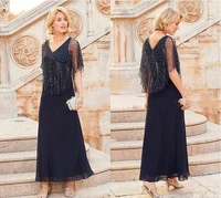 free shipping navy blue chiffon v neck beading half sleeves ankle length with wrap cape bridal gown 2018 mother off bride dress