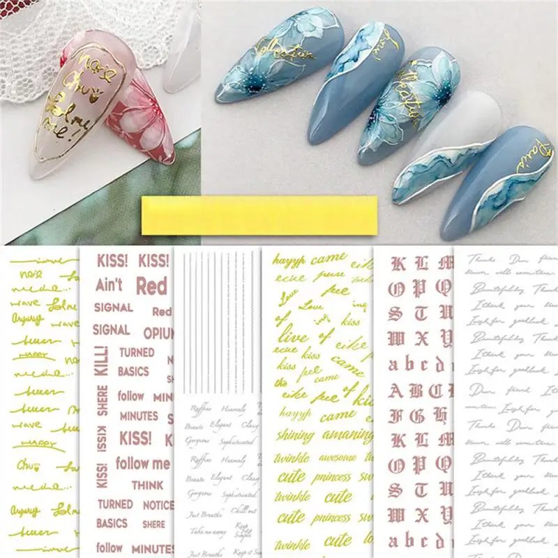 

2023 Nail Stickers Mixed 3D Holographic Laser Abstract Stripes English Letters Manicure Decor DIY Nail Art Ornament Accessories