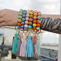 1 pc women fashion silicone wood beads bracelet ring wristlet hand decoration keychain card bag wallet