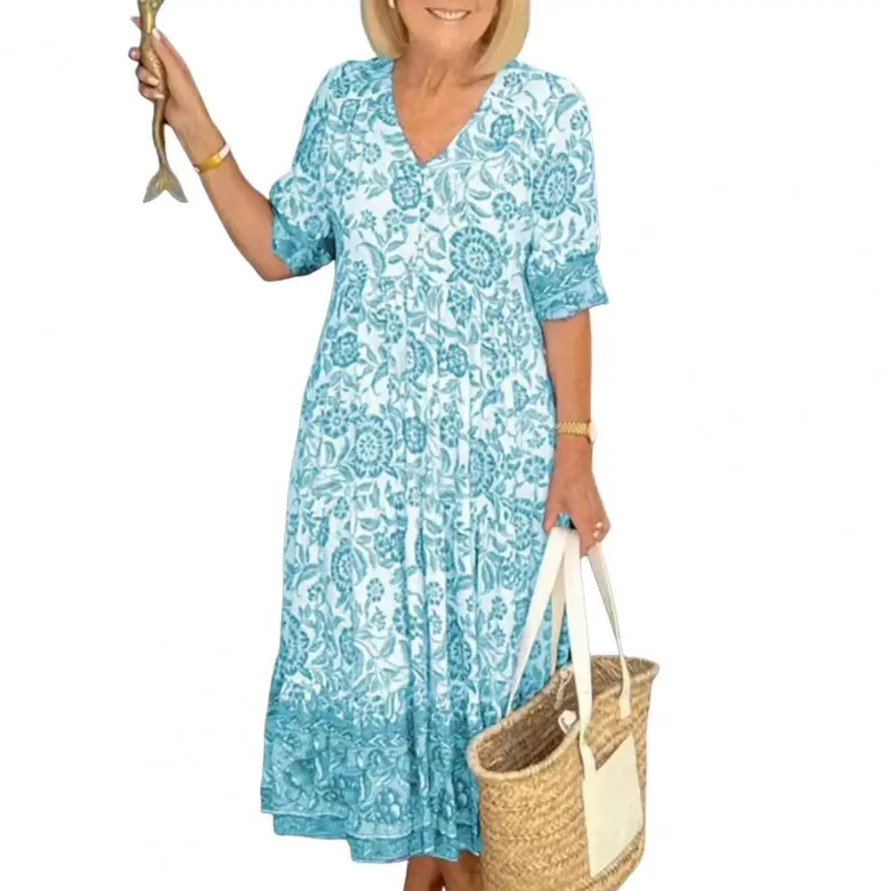 

Trendy Midi Dress High-waist Versatile Breathable Vintage Pattern Printed Pleated Party Dress