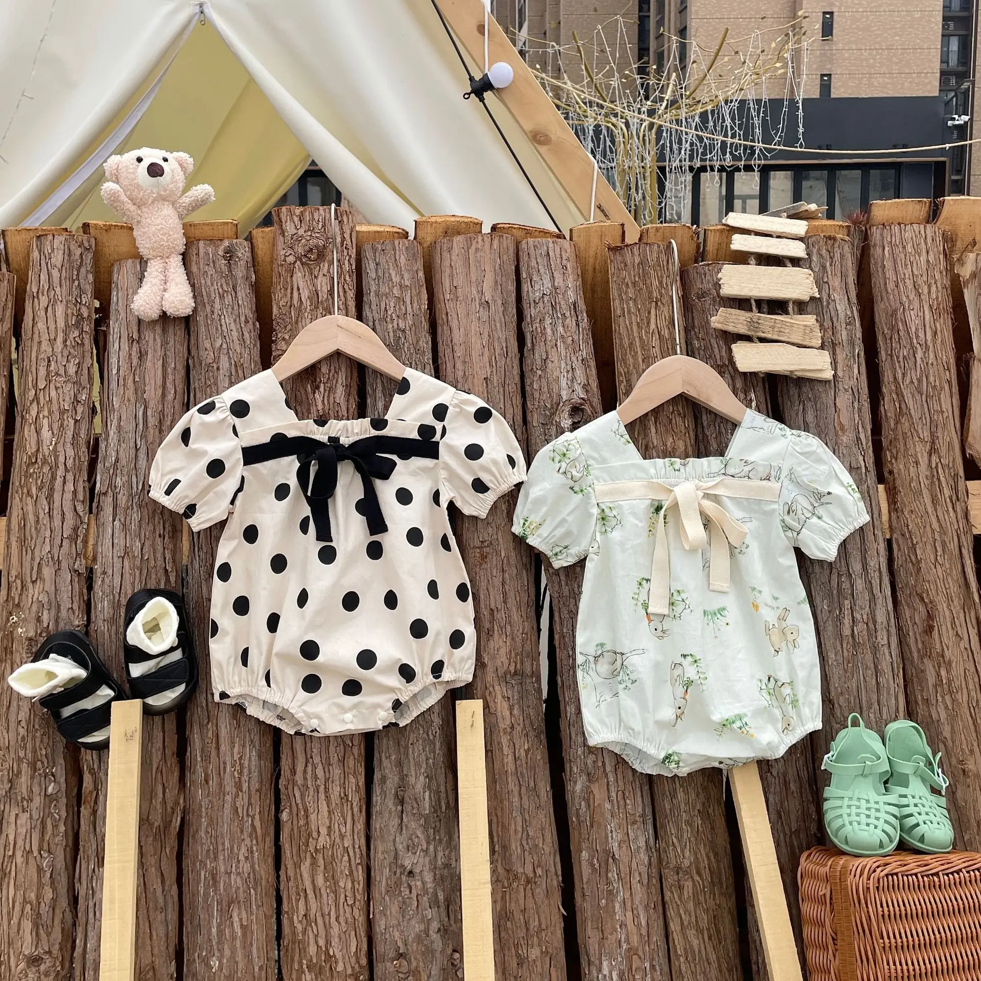 Summer New In Infant Kids Girls Thin Bow Dot Bunny Print Outdoor Clothing Newborn Baby Jumpsuits Toddler Cotton Bodysuits 유아복