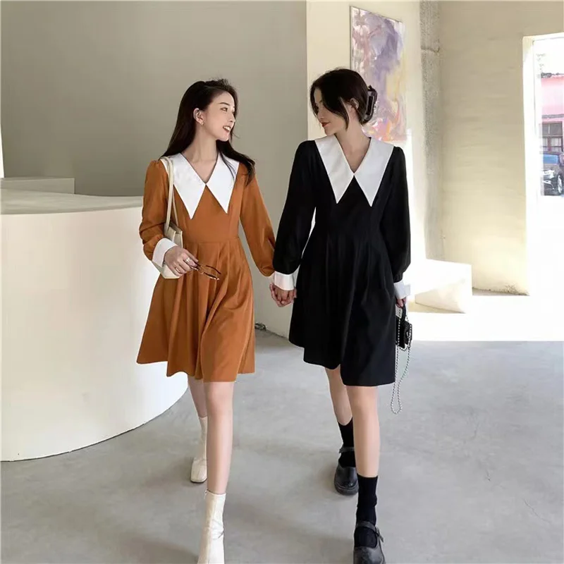 

French Retro Doll Collar Dress Women 2021 Autumn And Winter New Long-sleeved Waist Receiving Slim Loose Casual Dress