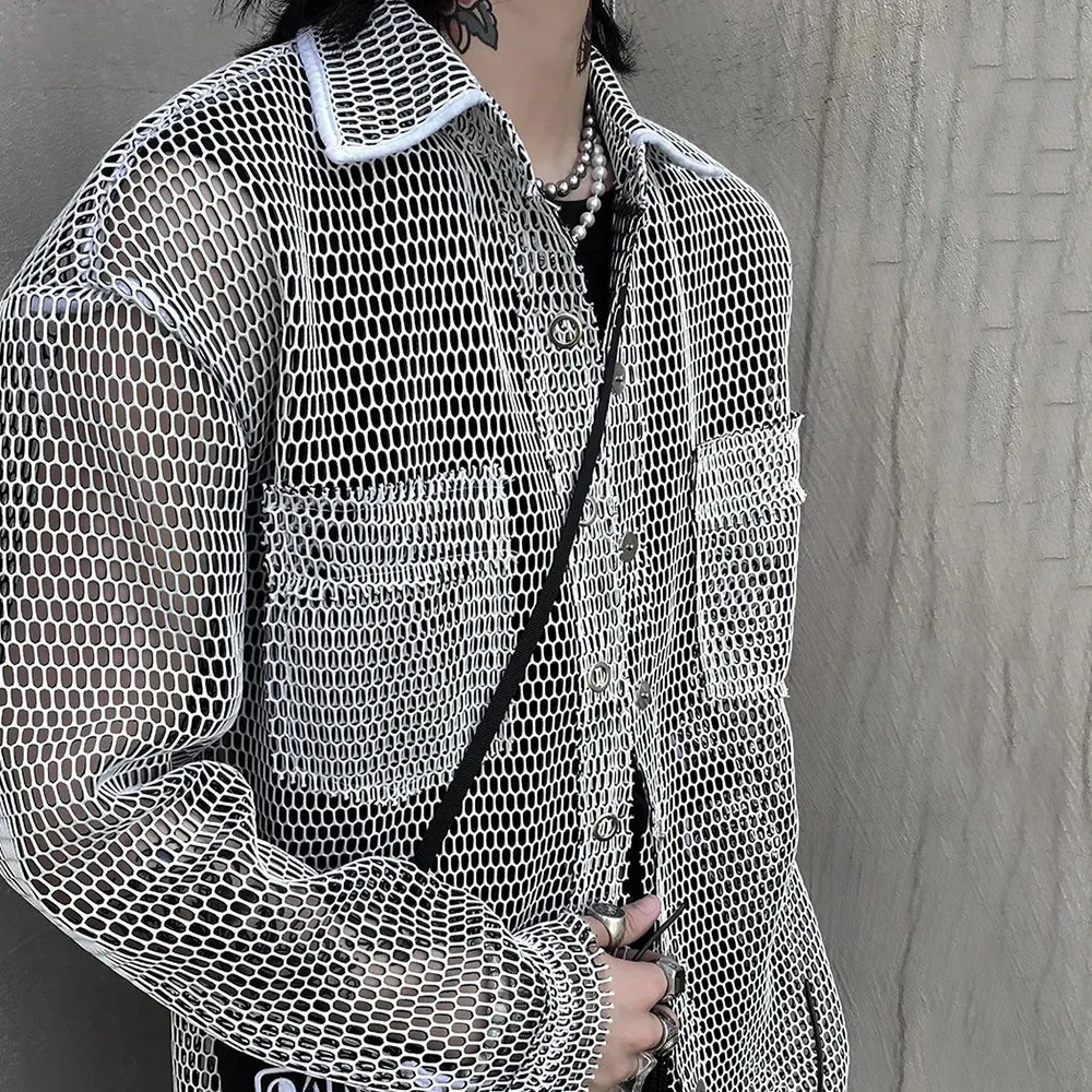 

Рубашка мужская сетчатая в винтажном стиле, Повседневная Свободная блузка, уличная одежда в стиле Харадзюку, корейский Солнечный оверсайз Топ