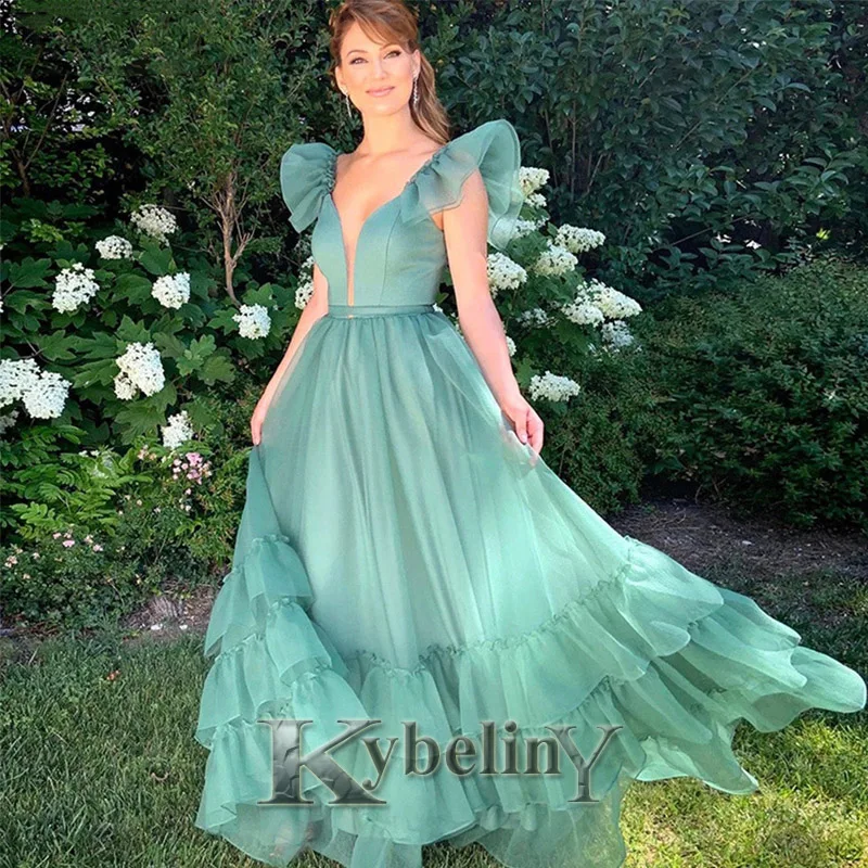 

Kybeliny Green Puffy-Sleeve Evening Dresses V-Neck Aline Prom Robe De Soiree Graduation Celebrity Vestidos Fiesta Women Formal