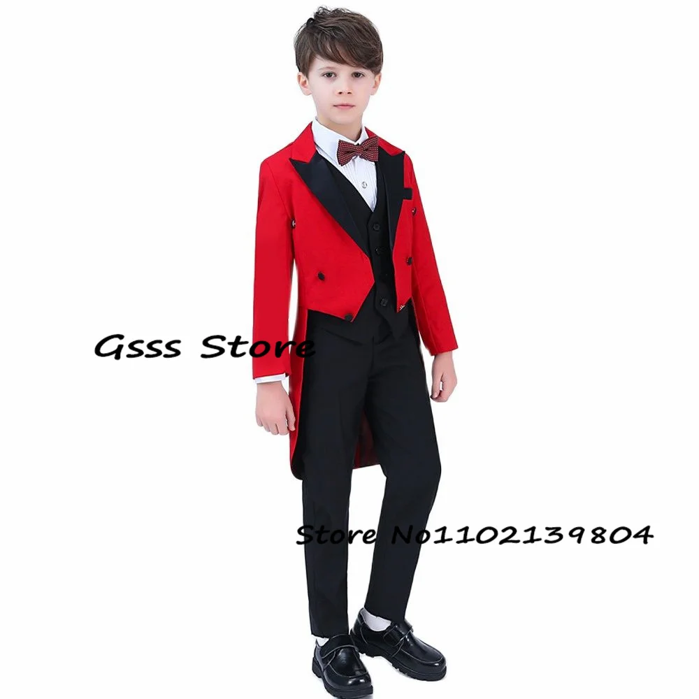 Enlarge Red Suit for Boy Party Wedding Tuxedo Double Breasted Jacket Long Blazer Pants Vest 3 Piece Kids Suits костюм для мальчика