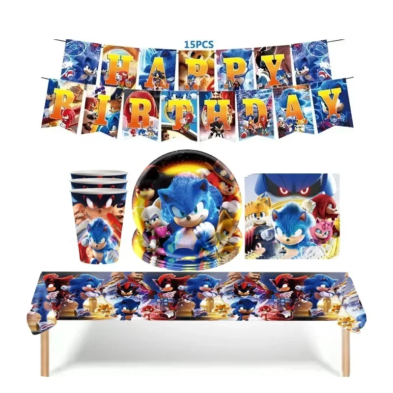 Фото Новые принадлежности для вечеринок Sonic 3, набор бумажной посуды для дня рождения для мальчиков, бумажная тарелка, чашки, салфетки, украшения для детского душа №3