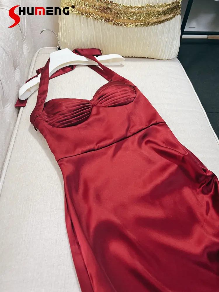Elegant Young Ladies Halter Wine Red Dress 2023 Summer New Elegant Pleated Split Hot Girl Sleeveless Birthday Dresses for Women