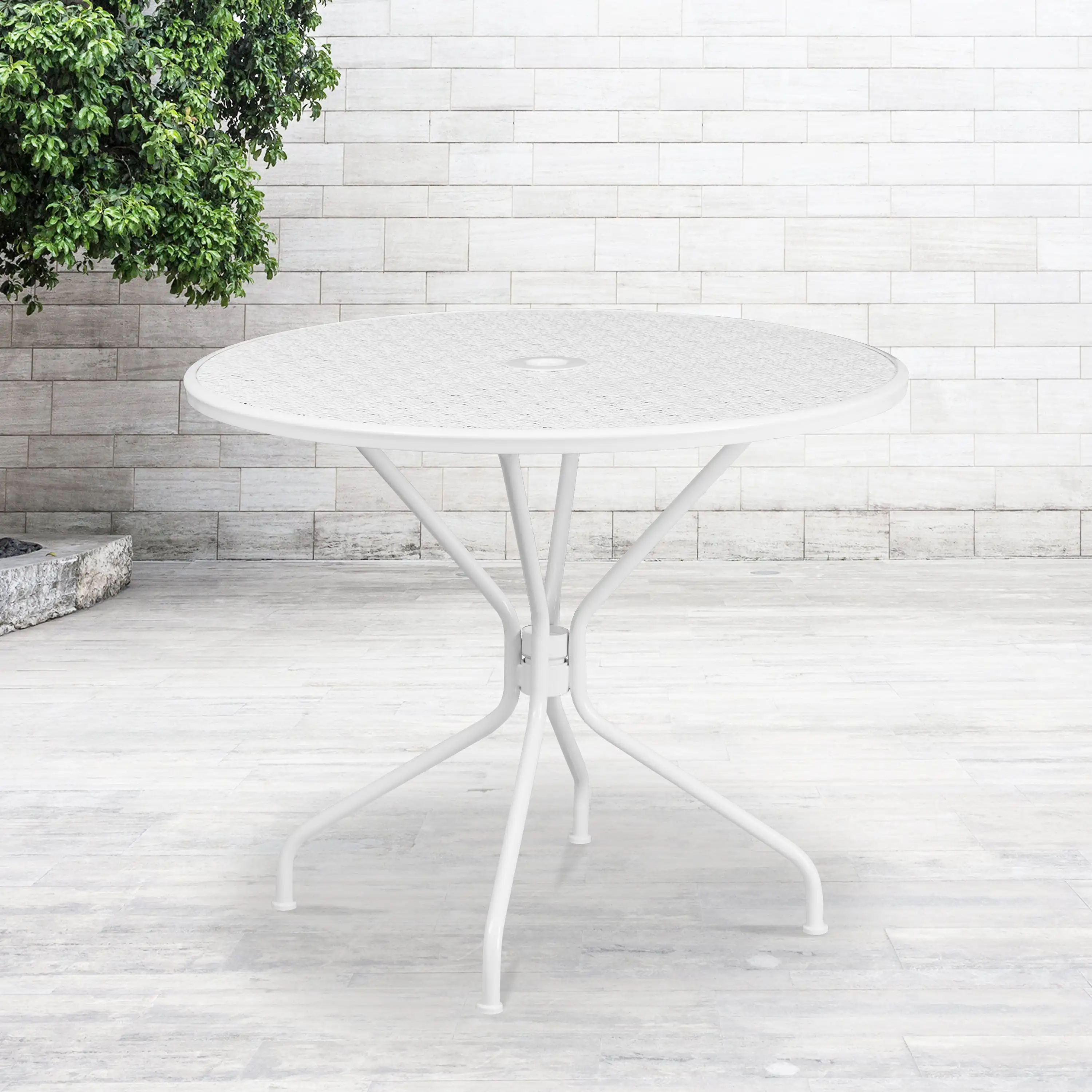 

Commercial Grade 35.25" Round White Indoor-Outdoor Steel Patio Table with Umbrella Hole