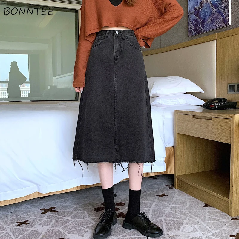 

Skirts Women Denim Vintage A-line Ulzzang Street Style Ins Popular Autumn Casual Mid-calf Solid Faldas De Busto Student Empire