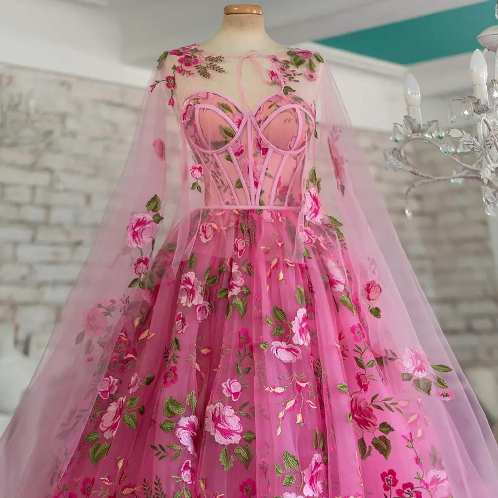 

FATAPAESE Pink Flower-Embroidery Dress Corset with Bust Cups and Boning Semi-Sheer Thigh-high Slit with Cape Tulle Skirt