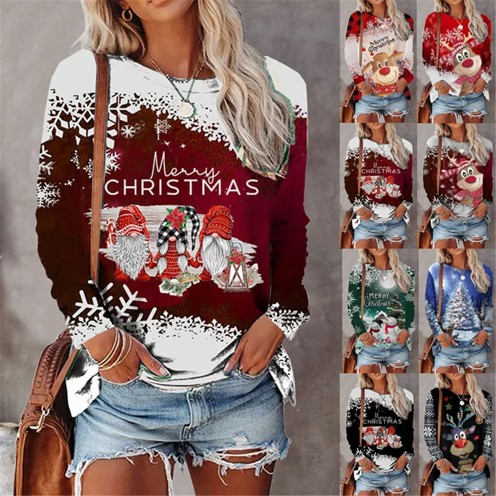 

Женский Повседневный пуловер с длинным рукавом, футболка с 3D-принтом Санта-Клауса, элегантная Рождественская футболка, Новинка осени и зимы 2023