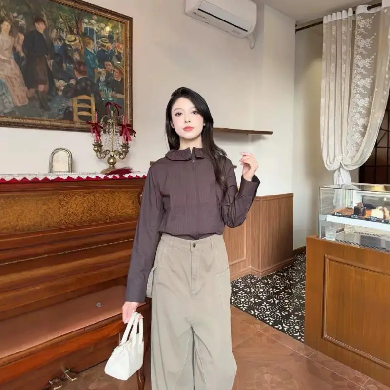 Фото Maxdutti Южнофранцузская модная хлопковая женская одежда: прямая рубашка, осенние женские блузки, плиссированная рубашка с воротником-чимни, белый топ №3