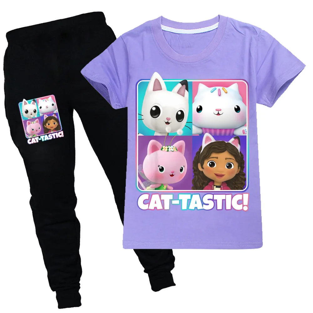 

Anime Gabbys Dollhouse Tshirt+Long Pants 2pcs Set Kids Short Sleeve Sportsuit Baby Girls Gabby Cats Clothes Toddler Boys Outfits