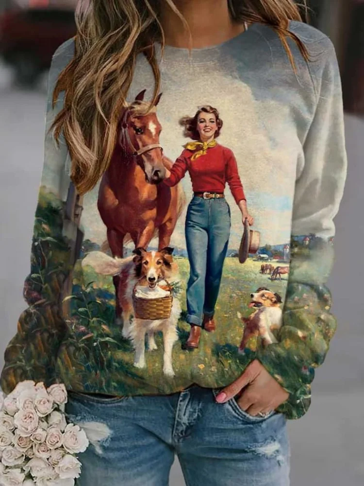 

Long-sleeved autumn 2023 new sweatshirt round neck girls American blouse