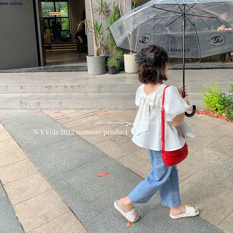 Girls' Puff Sleeve Ruffled Shirt 2022 Summer New Bow Short Sleeve Shirt Trendy Wide Leg Pants Two-Piece Set