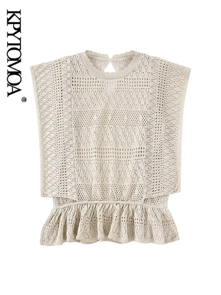 

KPYTOMOA Women Fashion With Ruffled Pointelle Knit Vest Sweater Vintage O Neck Sleeveless Female Waistcoat Chic Tops