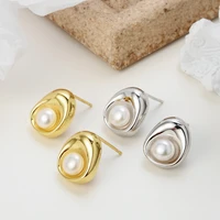 real 925 sterling silver freshwater pearl ear studs geometric shape oval earriungs fine jewelry for women