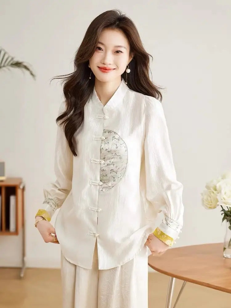 Женская рубашка в китайском стиле с вышивкой