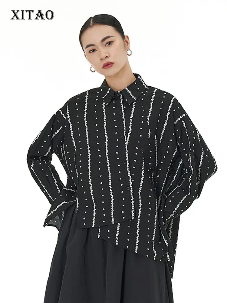 

XITAO Asymmetrical Geometric Single Breasted Women Shirt Print Turn-down Collar Loose 2023 Autumn New Arrival Casual DMJ2714