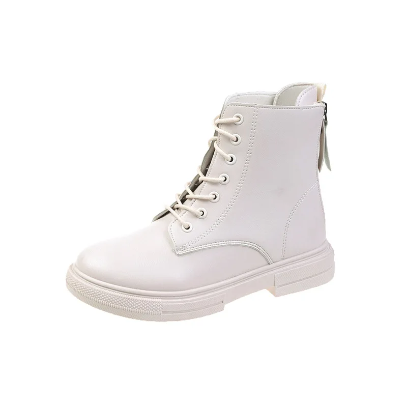 2022 Winter Ankle Boots Women Platform Leather Round Toe Side Zipper Lace-Up Ladies Non-slip Thoes Handmade Motorcycle Boots