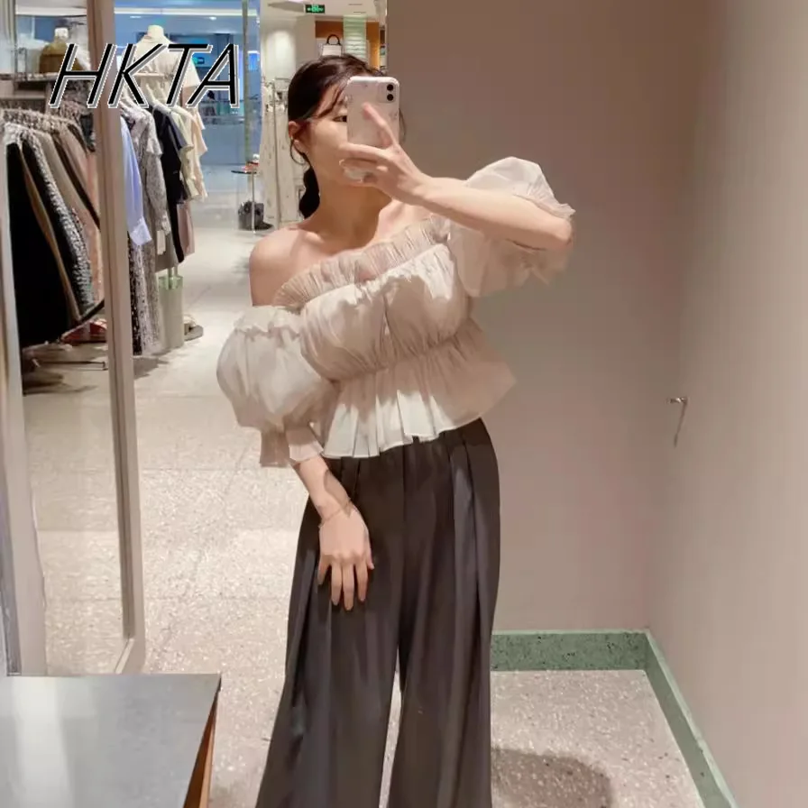 Японская S Pure Desire Wind Breast Wrap Fairy Shirt Sweet and Elegant Lotus Leaf Edge Dot Bubble Short Sleeve T Top Women