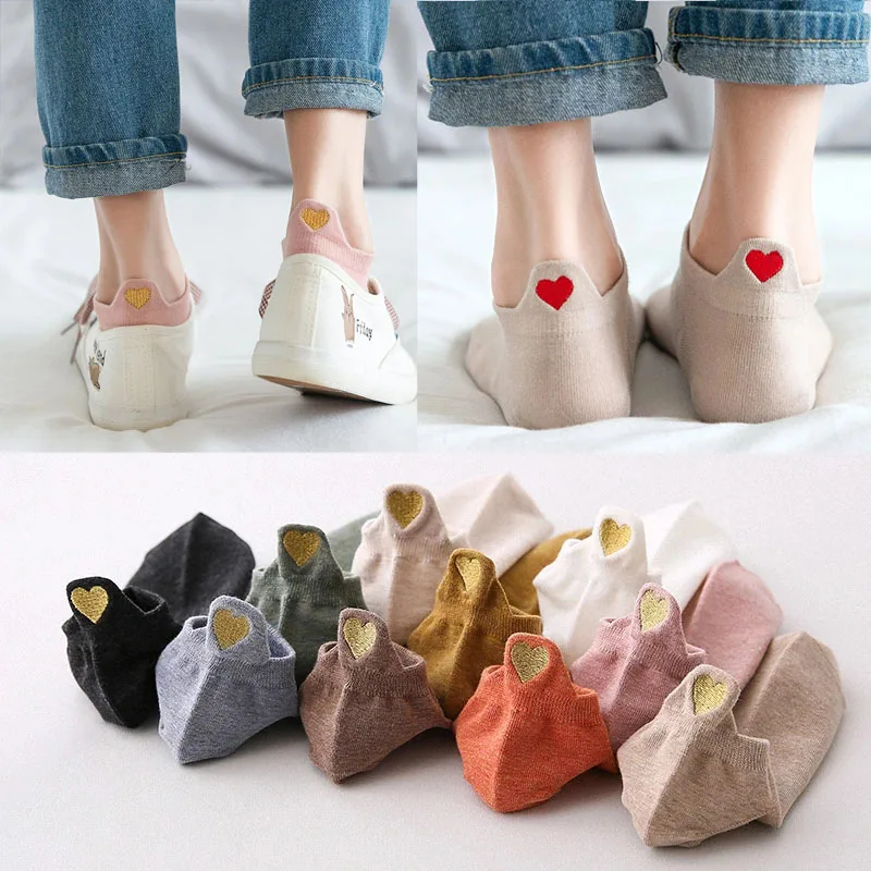 4 Pairs Women's Cotton Ankle Socks Fashion Heart Embroidery Colorful Girls Sox Novelty Casual Summer Cute Short Socks Slippers