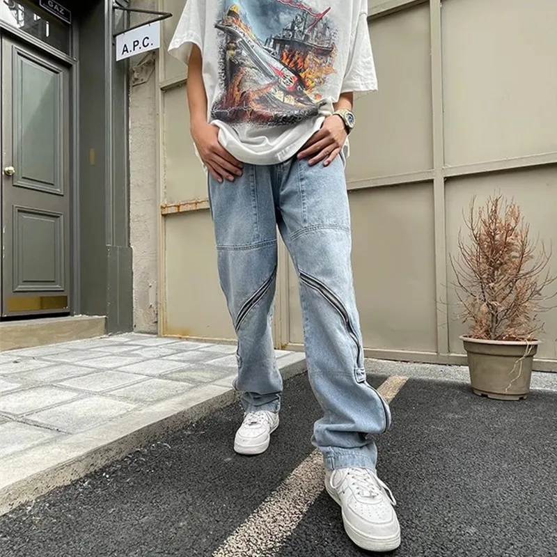 2022 Vibe Style Ankle Zipper Hip Hop Men Baggy Jeans Trousers Retro Washed Straight Denim Pants Elegant New Fashion Ropa Hombre