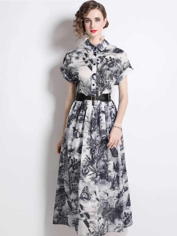 

Dresses For Women Print Lapel Lined With Waistband Vintage Elegant Dress
