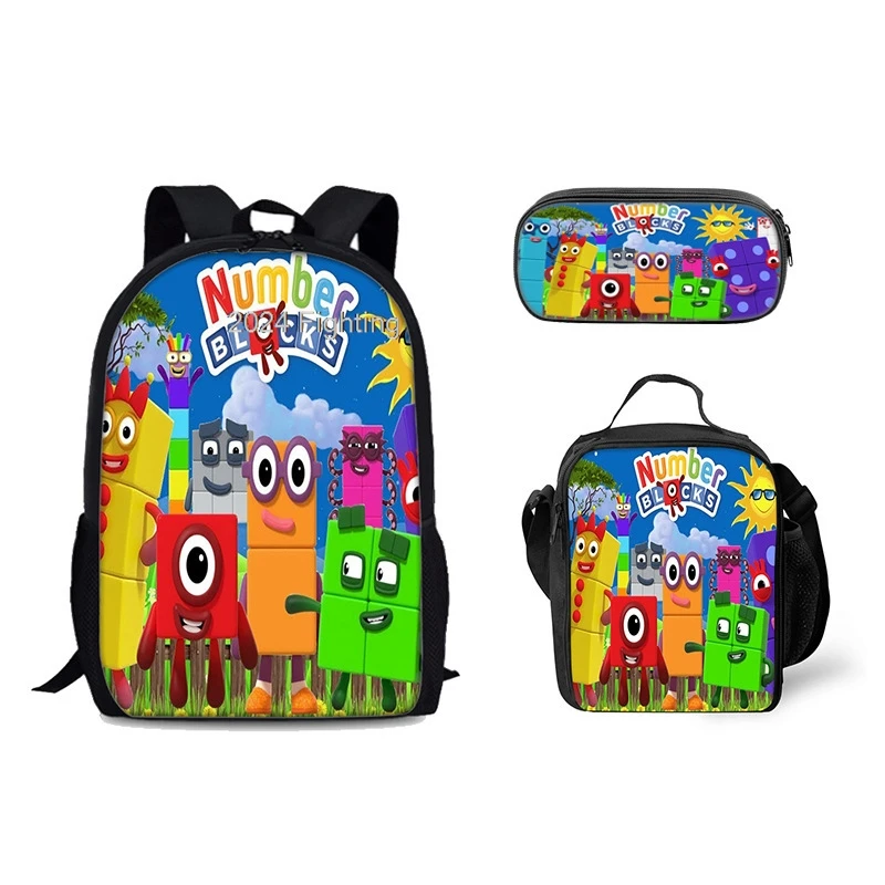 17inch 3pcs Numberblocks Backpacks Print Boy Girl Kids Shoulder Bag Cartoon Primary Travel Backpack Multiple Pockets Mochilas