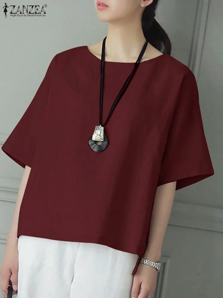 

ZANZEA Fashion Women Blouse Summer ELegant OL Work Shirt Female O Neck Half Sleeve Casual Oversize Blusas Mujer Loose Tops Tunic
