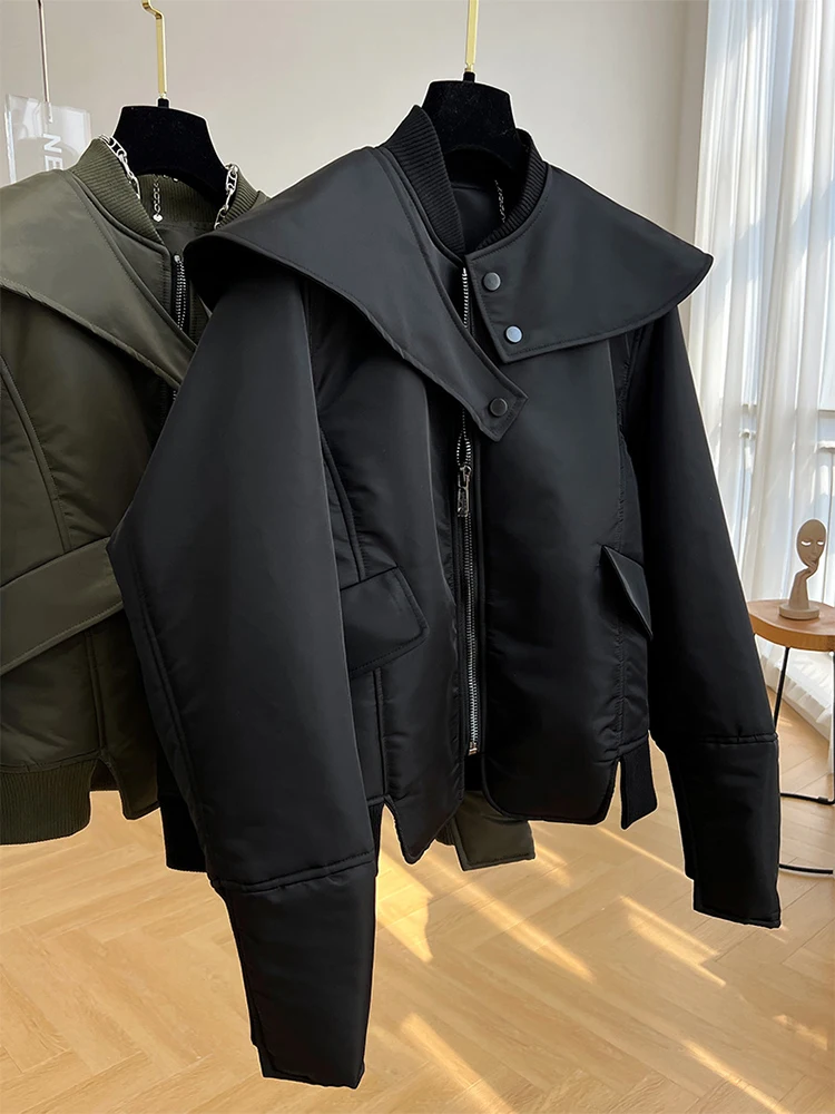 

Women's Winter Warm Thick Cotton Padded Coat Retro Solid Color Slit Lady Baseball Parka Stand-Up Oversize Down Jacket With Shawl