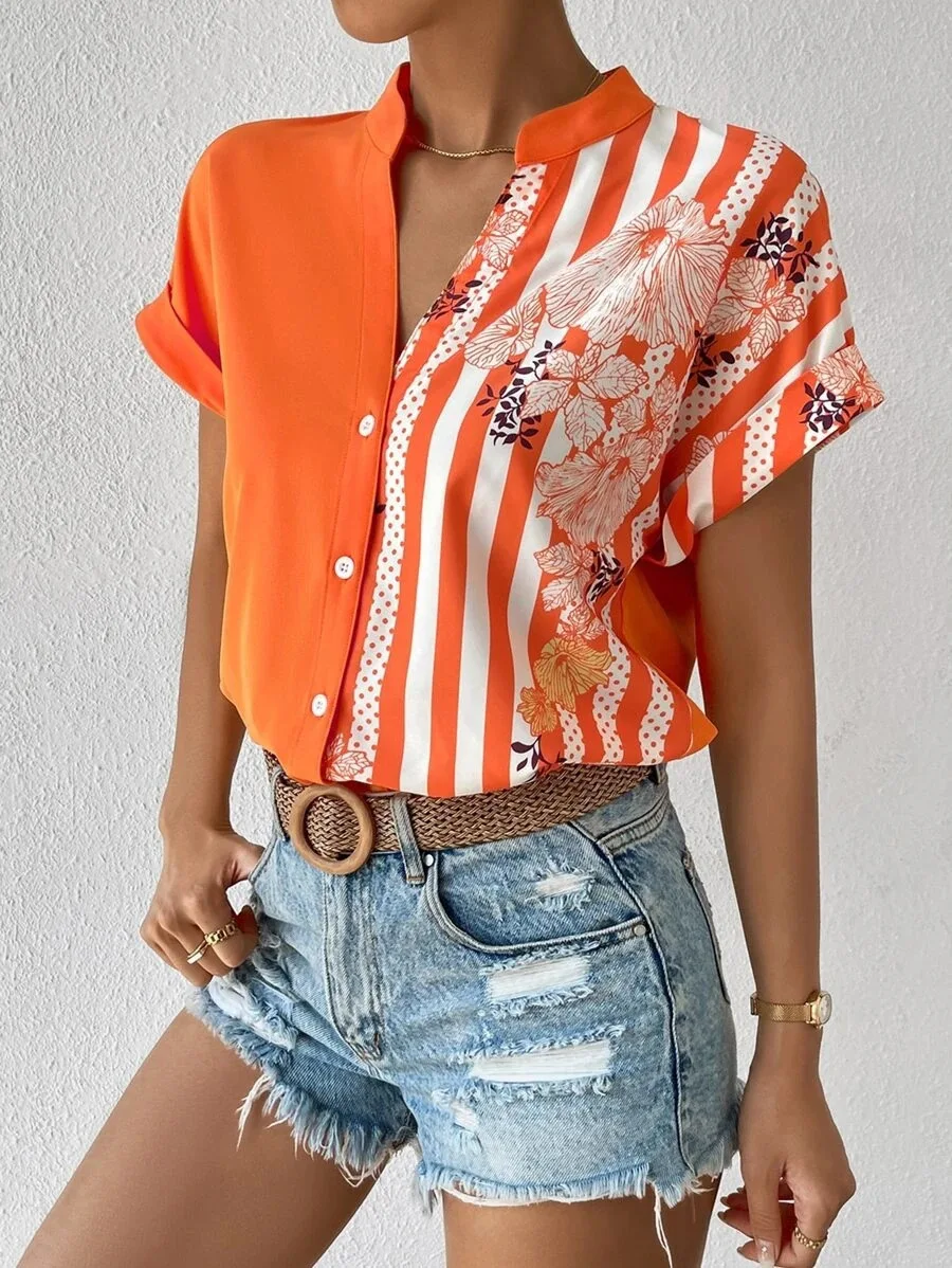 Summer New Streetwear Top Patchwork Printing Casual Elegant Shirt Female Short Sleeve Loose All-match Trend Top Women Blouse2023