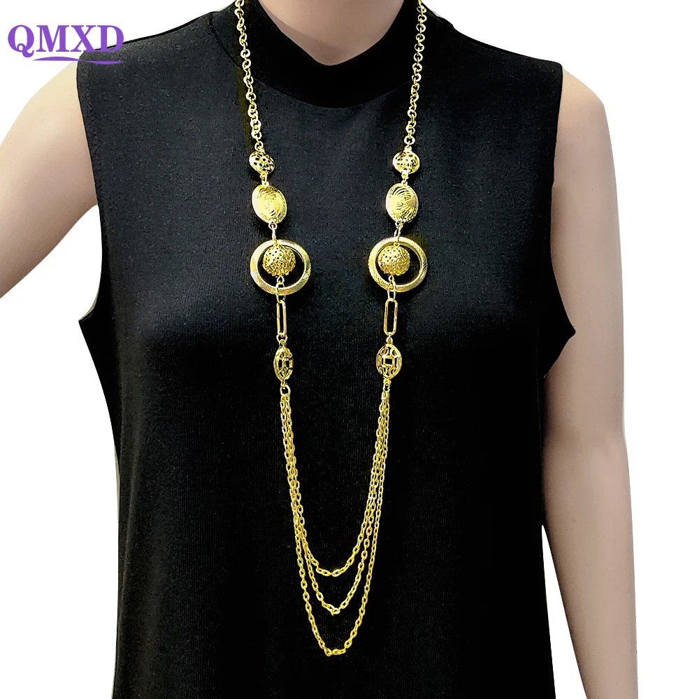 

Fashion Gold Color Long Necklace For Women Long Three Layers Long Chain African Pendants Beads Collar Chain Jewelry Gifts