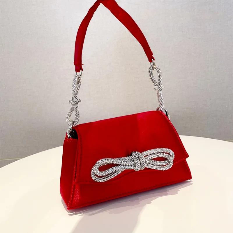 

YUOCL luxury designer handbag for women 2022 mountain crystal bow evening clutch handbag fashion ladies satin chain small
