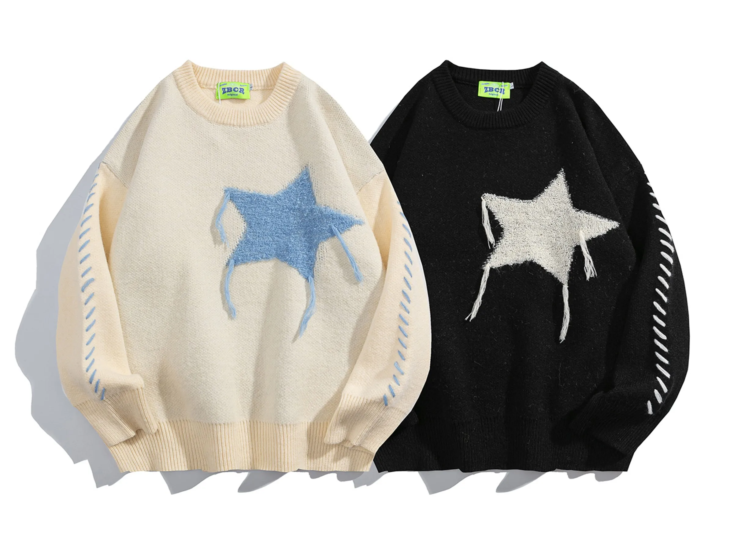 2023 JAYKOO Sweatshirt Autumn Winter New White &Black Stars Loose Mohair Pullover Oversized Knitted Sweatshirt