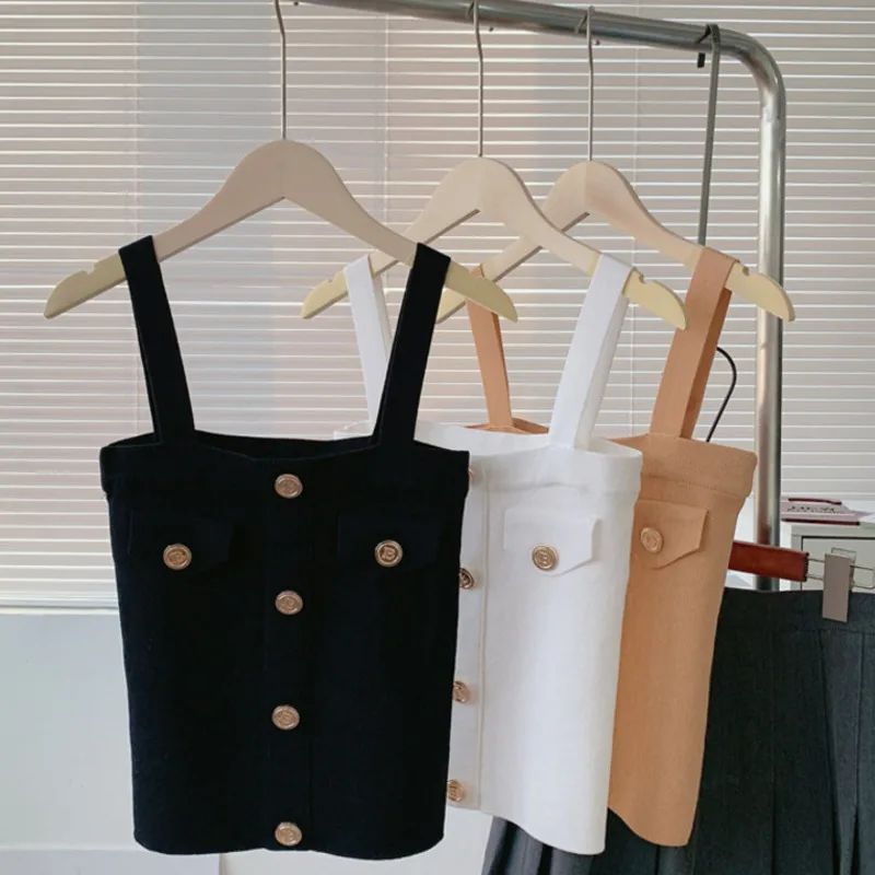 

2022 Summer Women Button Knit Camis Sexy Slim Sleeveless Lady Crop Tops Women Clothings