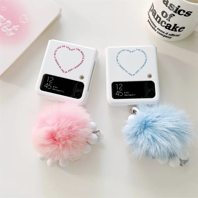 Simple English Love Heart Phone Case with Pendant for Samsung Galaxy Z Flip 4 3 Hard Cover for ZFlip3 Zflip4 Solid Shell Bracket