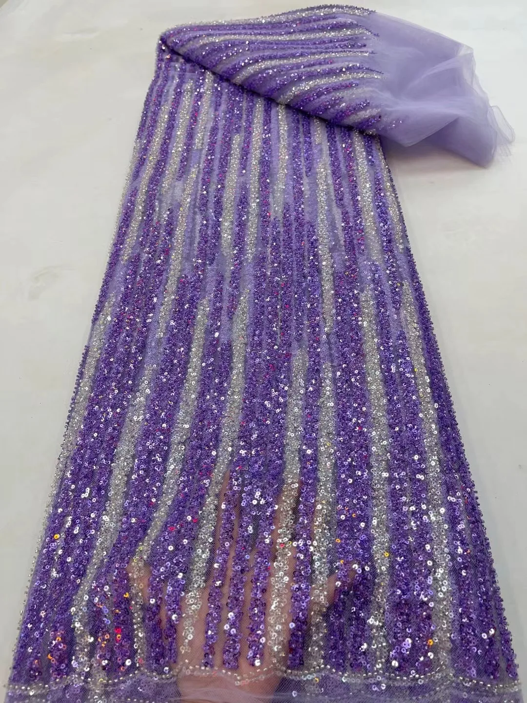 

(5yards/pc) High quality lilac purple African tulle lace tube beads sequins embroidered French net lace for wedding party FRX142