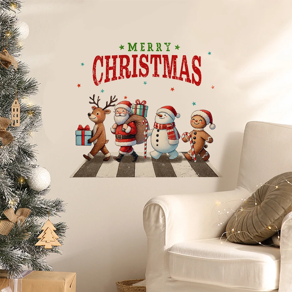 Наклейка на дверь с рисунком Санта-Клауса лося снеговика наклейка окно стену