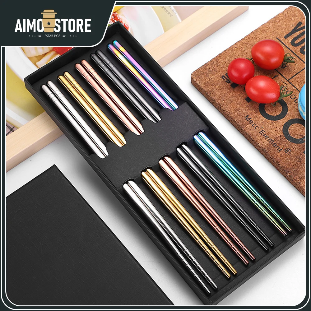 

[Luxury tableware] 5 pairs gold-plated seven-color chopsticks set, plated titanium luxury gold Chinese chopsticks kitchen tools
