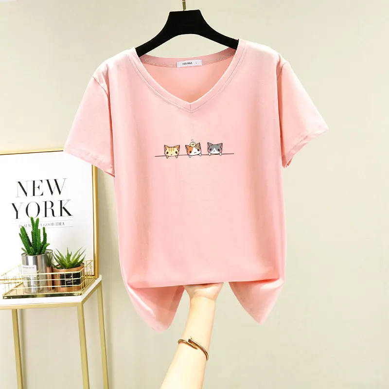 Shoulder Clothes Summer Plus Size Ladies Right-Angle V-neck Pure Cotton Short Sleeve T-Shirt Women's Loose Slim Look... |