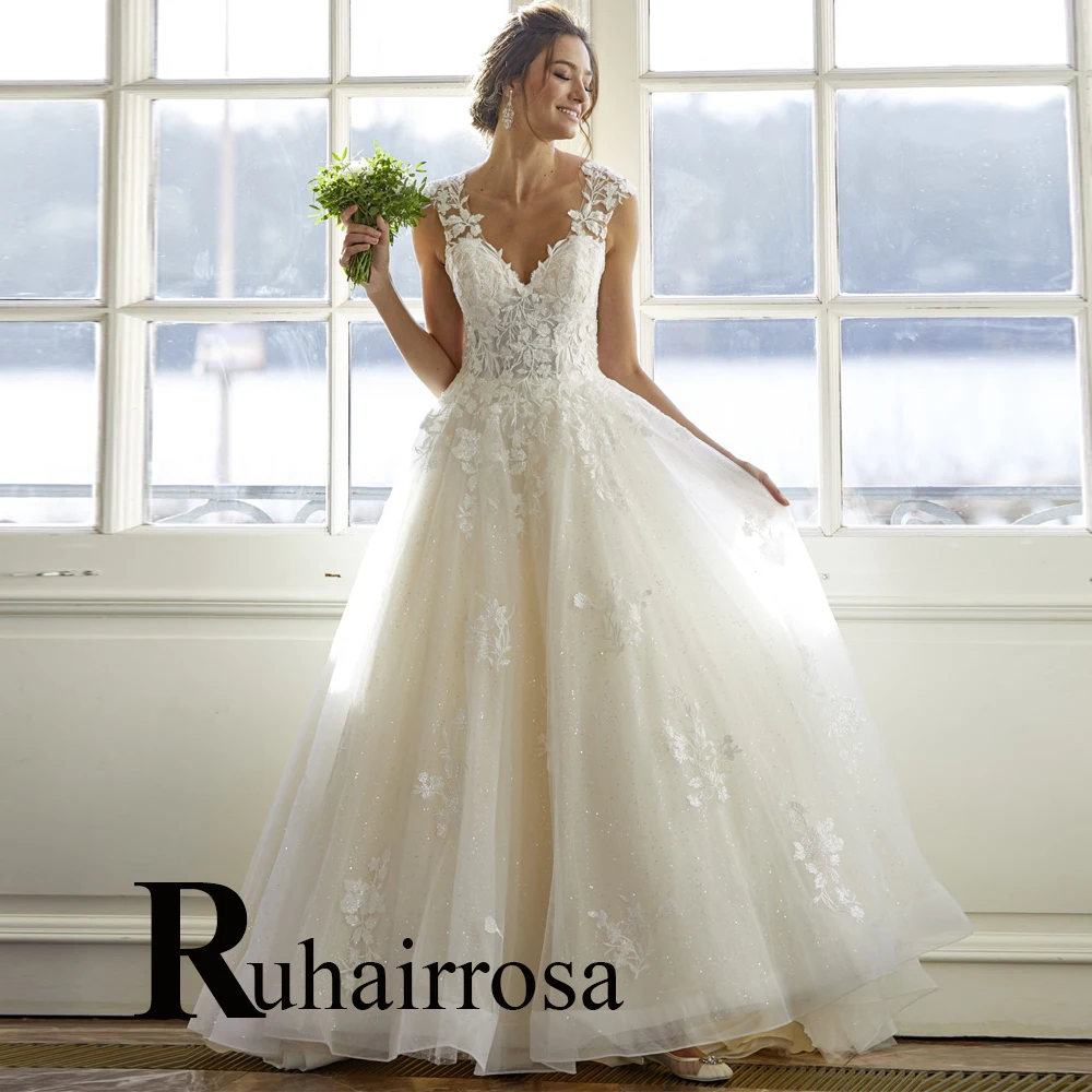 

Ruhair V-Neck Princess Charming Wedding Dresses Bling For Women Appliques Lace Vestidos De Novia Brautmode Formal Brides Gown