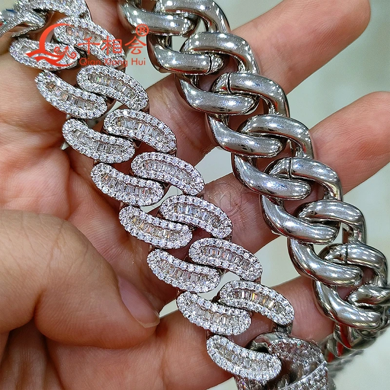 Necklace S925 silver 16mm baguette moon Cuban Link Iced Out Hip Hop white Moissanite Link Chain Jewelry for Women Men Gifts