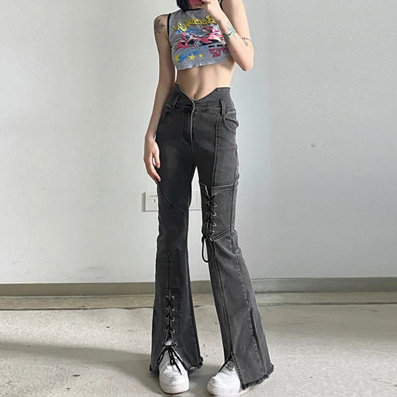 

Черные винтажные джинсы с высокой талией, модные прямые широкие брюки с разрезом, уличные повседневные мешковатые джинсовые брюки для женщин на лето