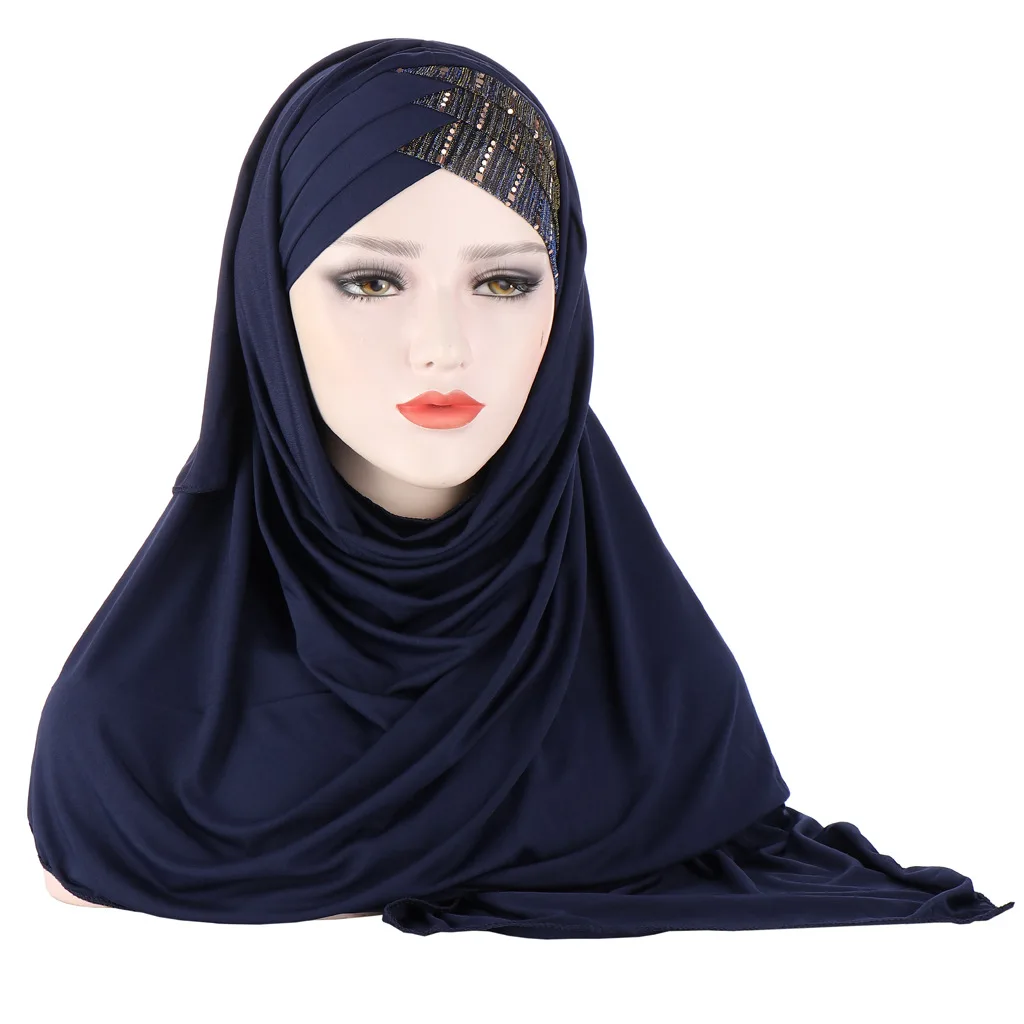 Muslim Women Khimar Sequin Decor Cross Forehead Scarf for Muslim Women Headwrap Ramadan Islamic Clothing