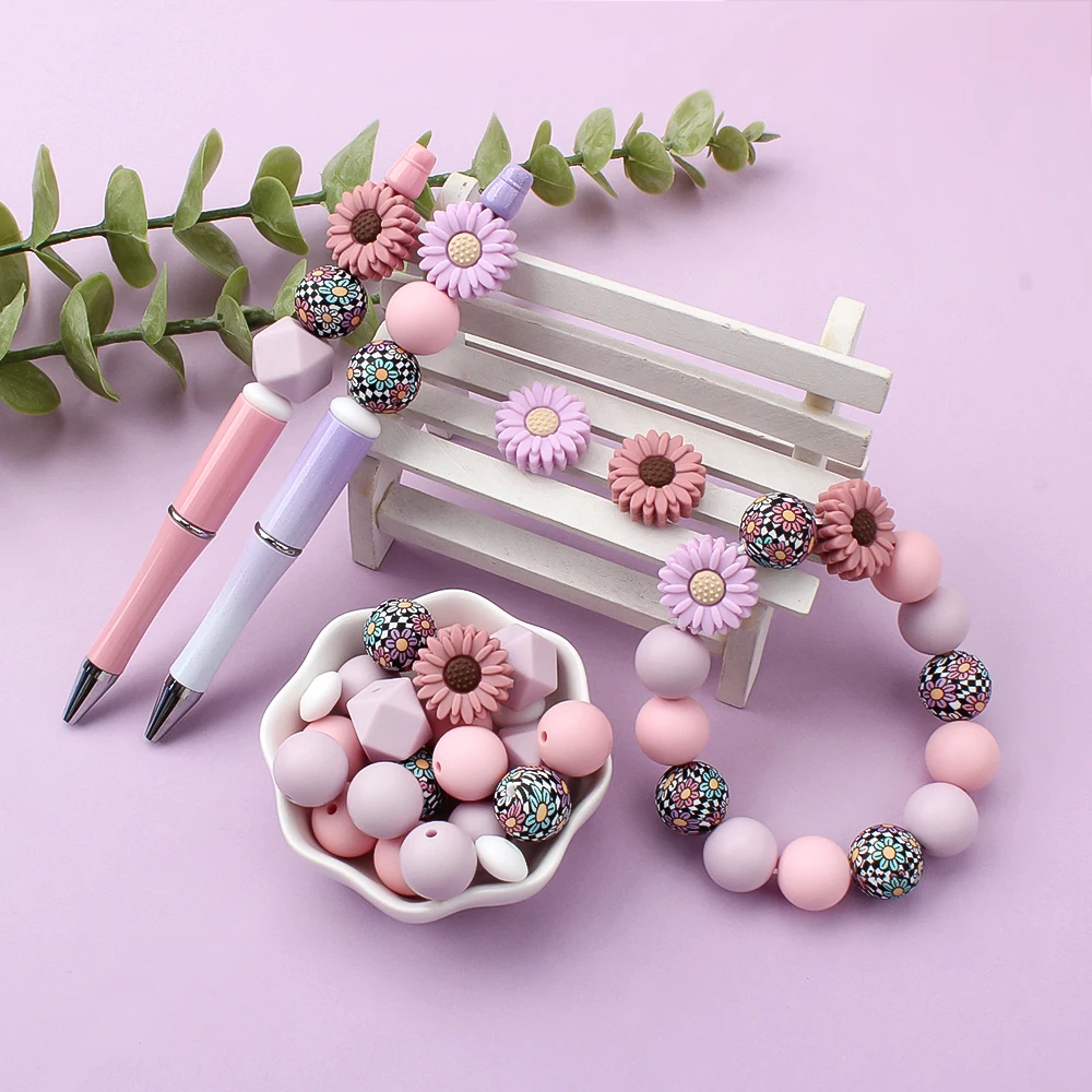 30Pcs Детские Силиконовые Бусины Daisy Тема Для Ювелирных Изделий DIY Ручка Ожерелья