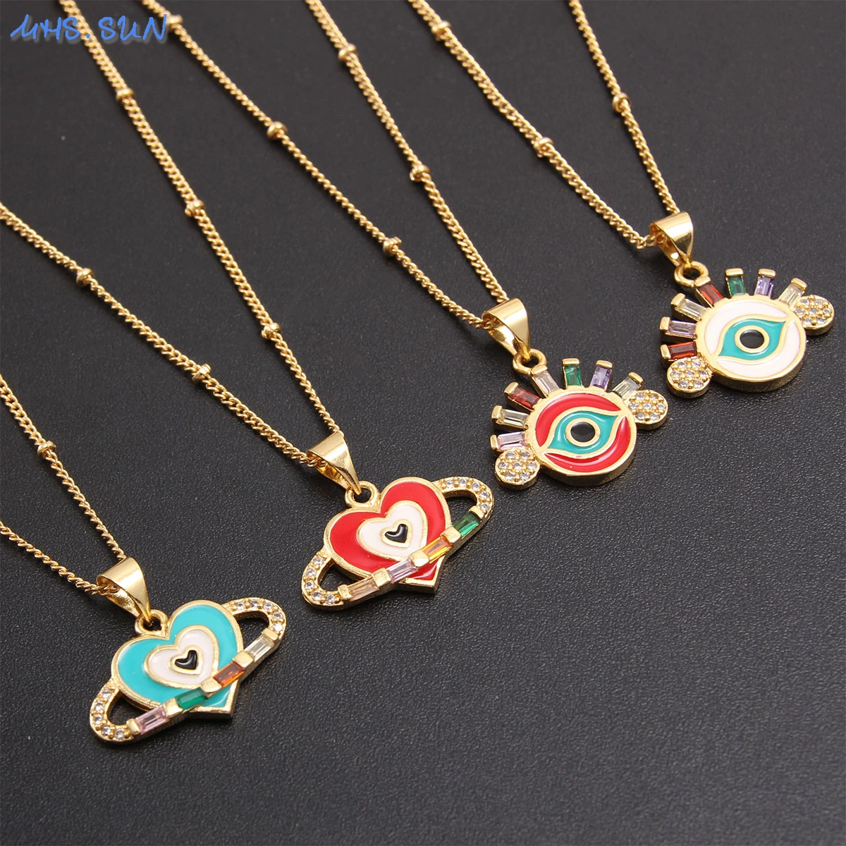 

MHS.SUN Colorful Hot Selling Evil Eye Pendant Necklace Gold Plated Heart Round Necklaces Mosaic Cubic Zircon For Daily Jewelry