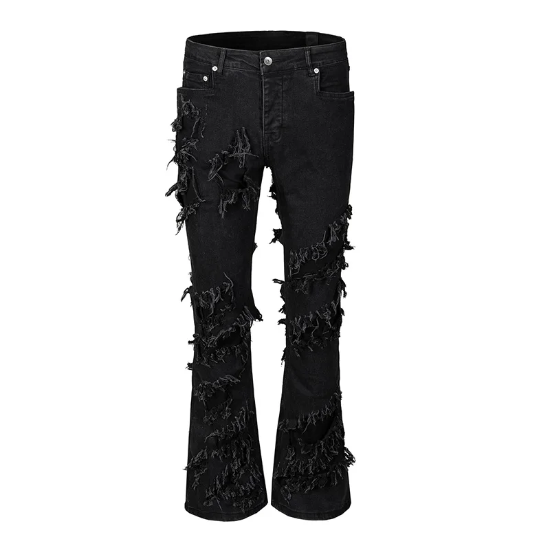 

Fashion Streetwear Black Flared Jeans Pants With Ribbons Stretch Ripped Denim Trousers For Male